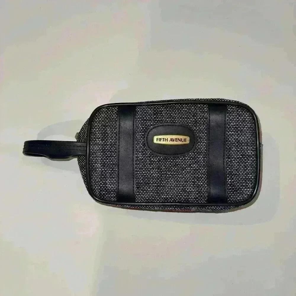 Vintage Fifth Avenue Blue Tweed Small Toiletry Makeup Cosmetic Bag Travel